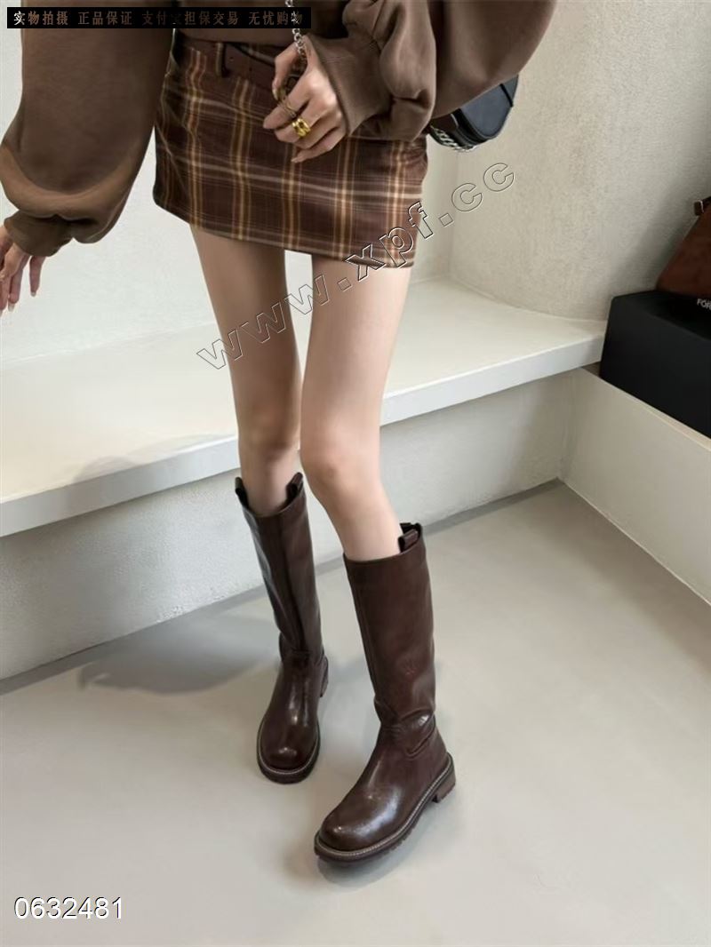 新款古褶皱厚底长筒骑士靴女英伦风百搭显瘦粗跟高筒长靴 13926