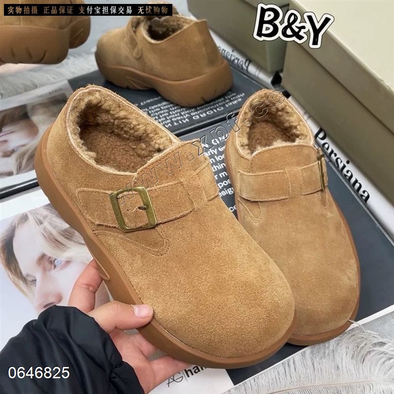 加绒勃肯鞋女冬厚底全包复古防水磨砂皮复古豆豆鞋日系外穿毛毛鞋