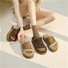 秋冬新款羊羔毛雪地靴女休闲一字棉拖鞋9008-1 底厚4公分。毛1100克